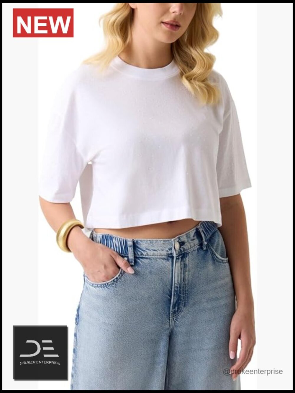 Eco Rhinestone Crop Oversized Tee Short Sleeve Crew Neck